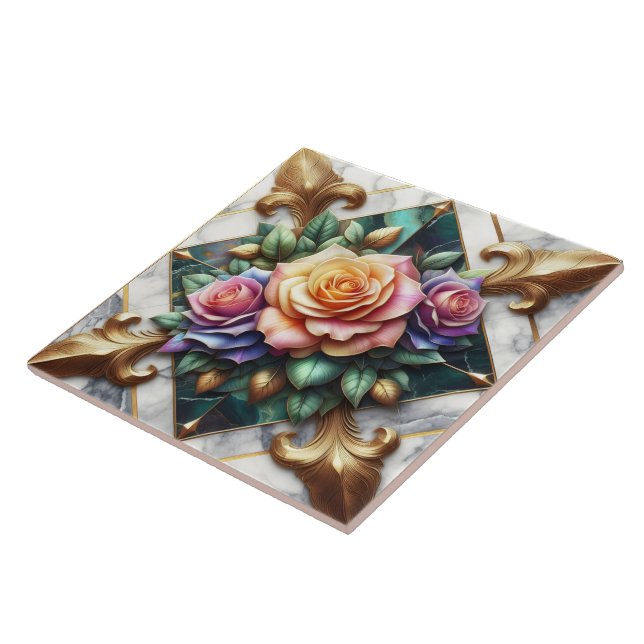 Colourful Rose Arrangement on Decorative Backgroun Ceramic Tile (Side)