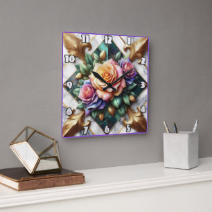 Colourful Rose Arrangement on Decorative Backgroun Square Wall Clock