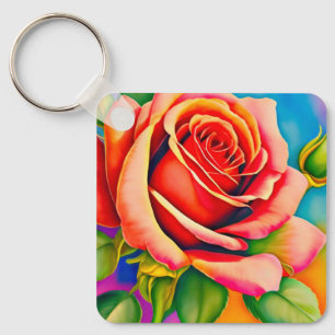 Colourful Rose Flower Digital Painting-47566 Key Ring