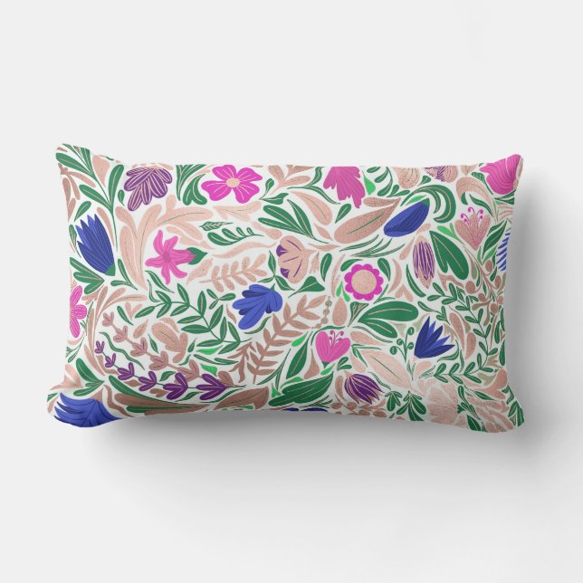 Colourful Rose Gold Floral Leaf Illustrations Lumbar Cushion (Front)
