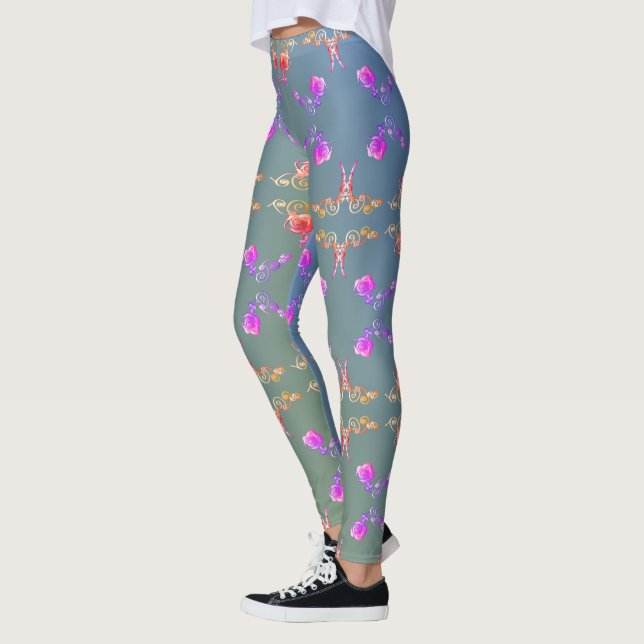 Colourful Rose Hearts on Pale Blue Moss Leggings (Left)
