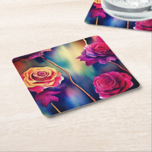 Colourful Rose Pattern Square Paper Coaster