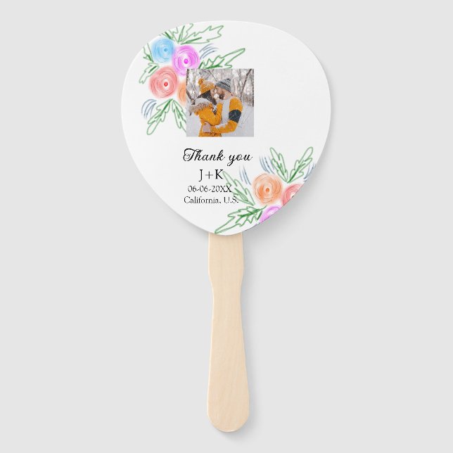 Colourful rose Wildflower thank you wedding name Hand Fan (Front)