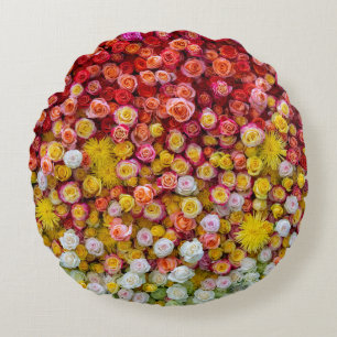 Colourful Roses and Chrysanthemums Floral Gradient Round Cushion