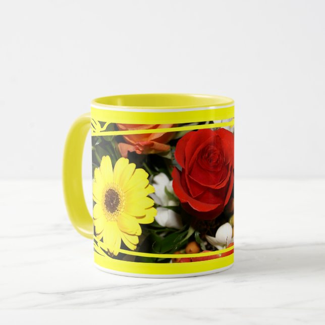 Colourful Roses and Daisies Floral Bouquet Mug (Front Left)