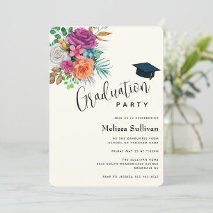 Colourful Roses Floral Bouquet Graduation Party Invitation