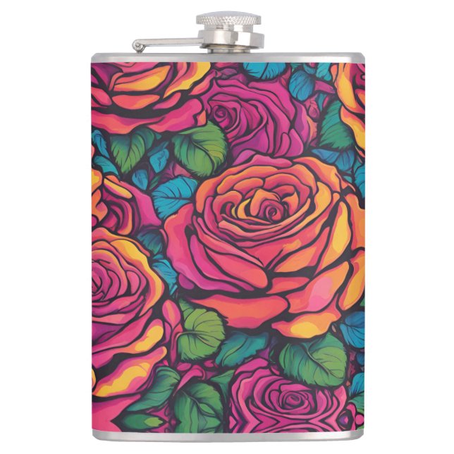 Colourful Roses Psychedelic Bright Flowers Retro  Hip Flask (Front)