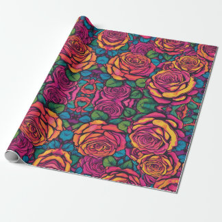 Colourful Roses Psychedelic Bright Flowers Retro  Wrapping Paper