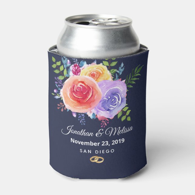 Colourful Roses Watercolor Floral Wedding Can Cooler (Can Front)