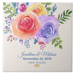 Colourful Roses Watercolor Floral Wedding Ceramic Tile