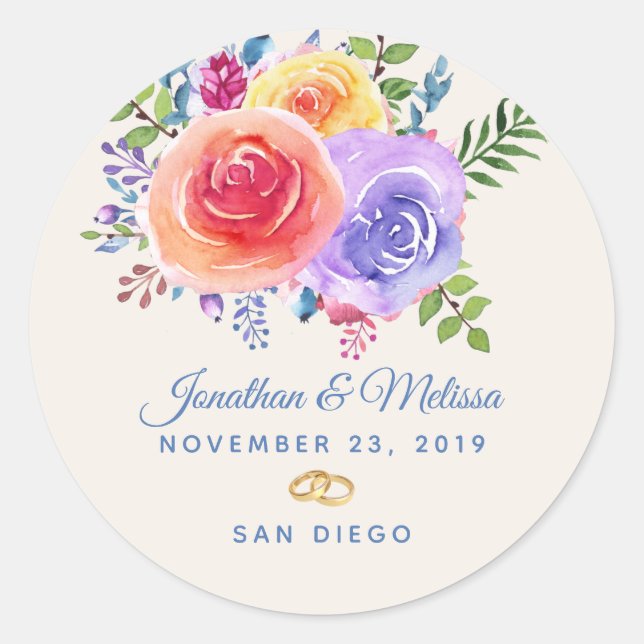 Colourful Roses Watercolor Floral Wedding Classic Round Sticker (Front)
