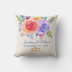 Colourful Roses Watercolor Floral Wedding Cushion