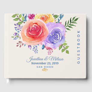 Colourful Roses Watercolor Floral Wedding Guest Book
