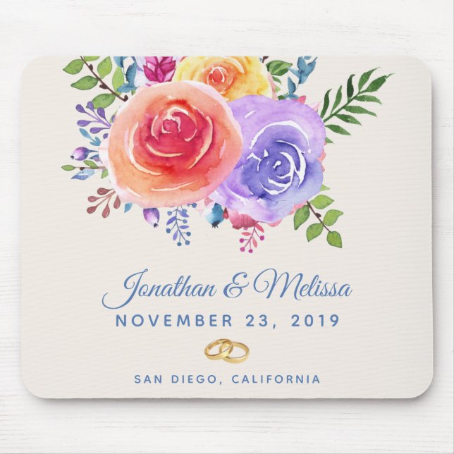 Colourful Roses Watercolor Floral Wedding Mouse Pad (Front)