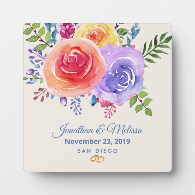 Colourful Roses Watercolor Floral Wedding Plaque (Front)