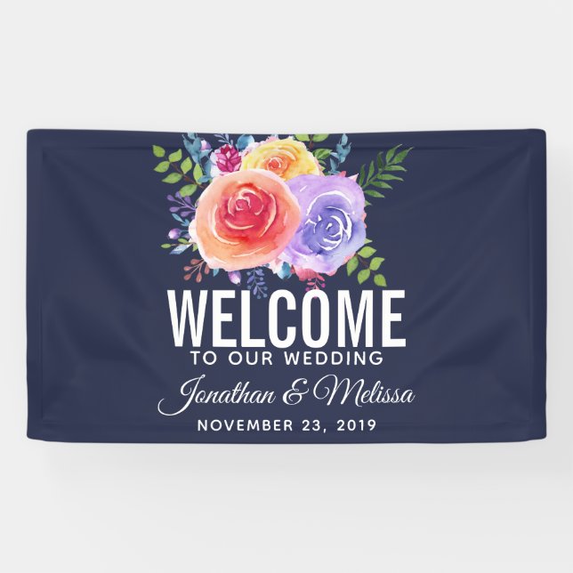 Colourful Roses Watercolor Floral Wedding Welcome Banner (Horizontal)