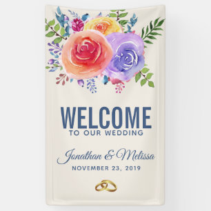 Colourful Roses Watercolor Floral Wedding Welcome Banner