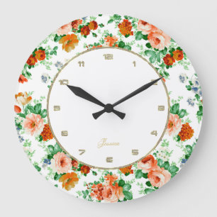 Colourful Roses White Background Large Clock