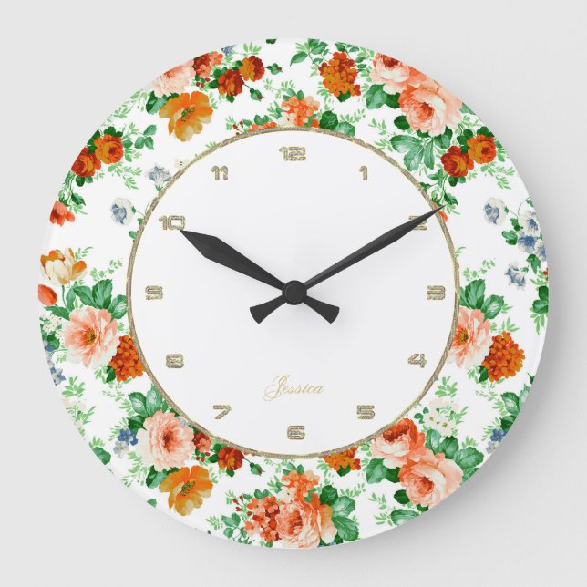 Colourful Roses White Background Large Clock (Front)