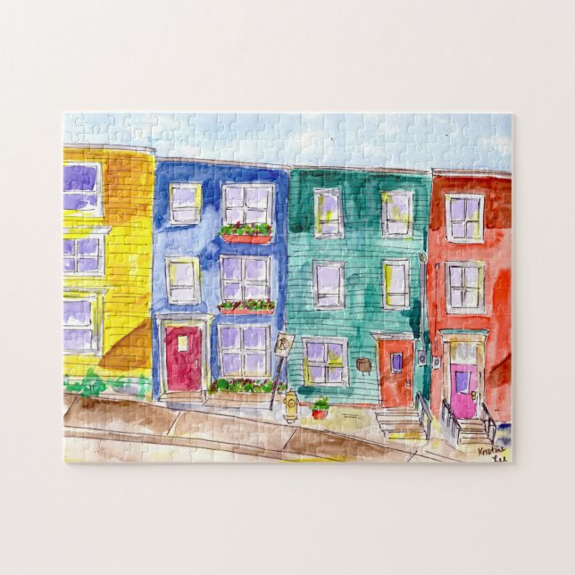 Colourful Row Houses Watercolor Illustration Art Jigsaw Puzzle (Horizontal)