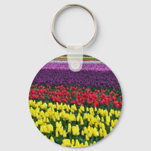 Colourful rows of spring tulips key ring