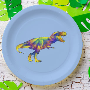 Colourful Running T Rex Psychedelic Dinosaur Art Paper Plate