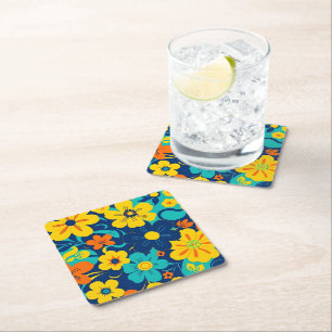 Colourful Rush Blooms-Dopamine Style-Retro Flowers Square Paper Coaster