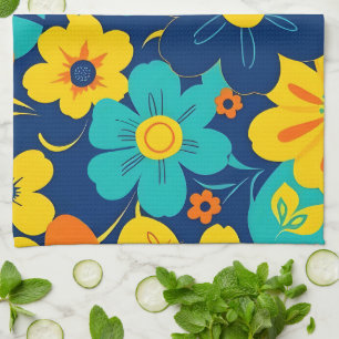 Colourful Rush Blooms-Dopamine Style-Retro Flowers Tea Towel