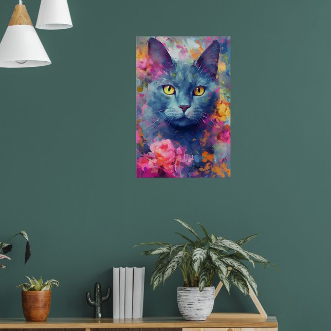 Colourful Russian Blue cat Art Poster (Living Room 1)