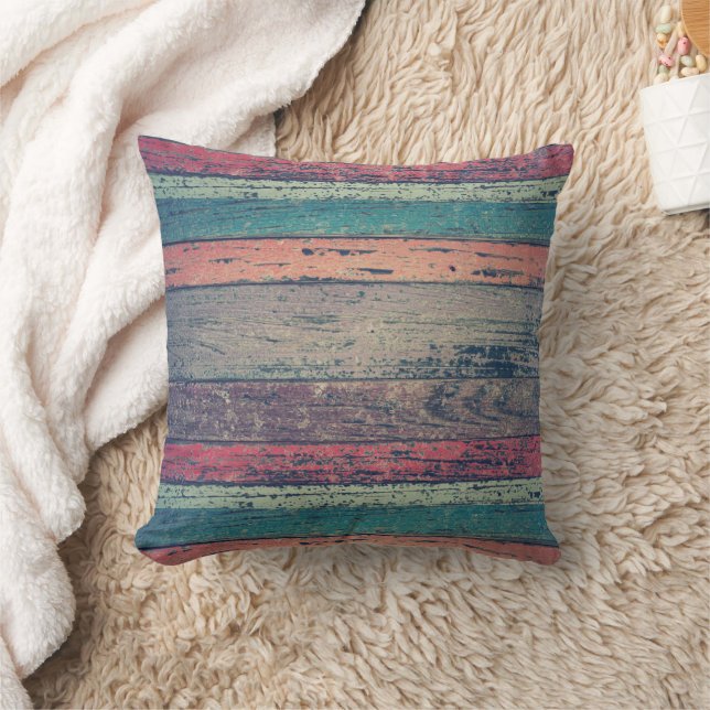 Colourful Rustic Beach Wood Throw Pillow (Blanket)