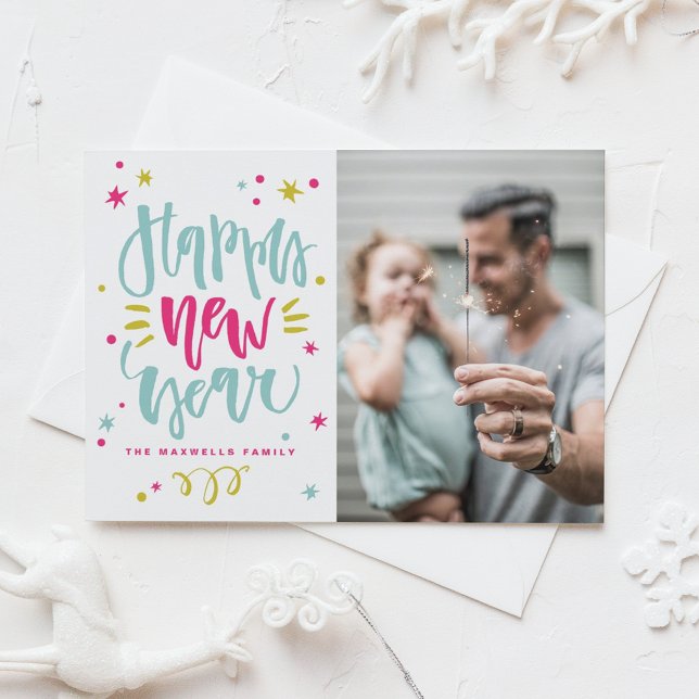 Colourful Rustic Calligraphy Photo Happy New Year Holiday Card (Colorful Rustic Calligraphy Photo Happy New Year Holiday Card)