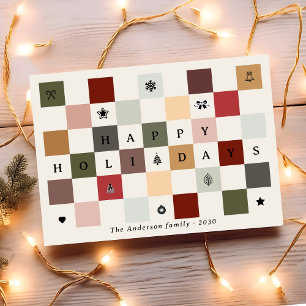 Colourful Rustic Cute Happy Holidays Chequerboard Holiday Card