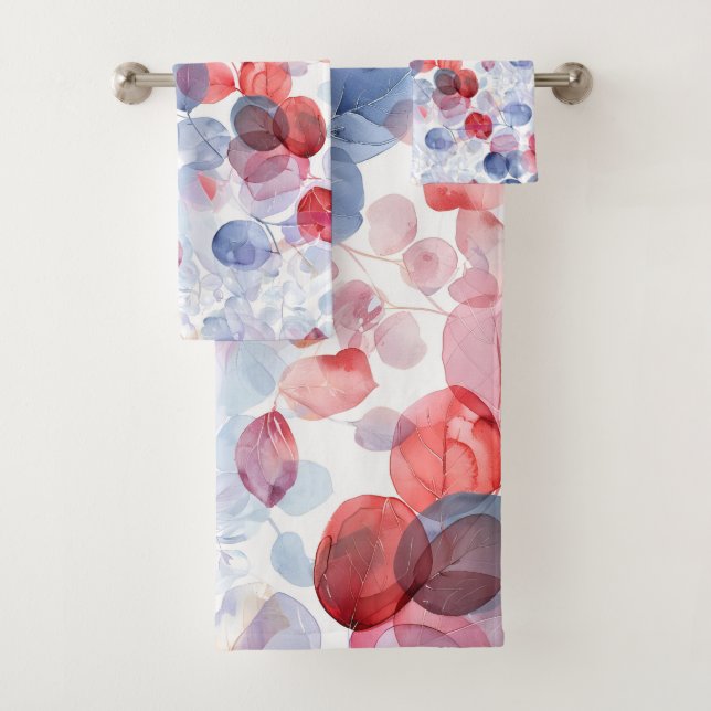 Colourful Rustic Eucalyptus Watercolor Leaves Bath Towel Set (Insitu)