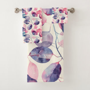 Colourful Rustic Eucalyptus Watercolor Leaves Bath Towel Set