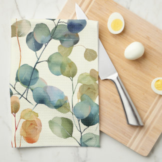 Colourful Rustic Eucalyptus Watercolor Leaves Tea Towel