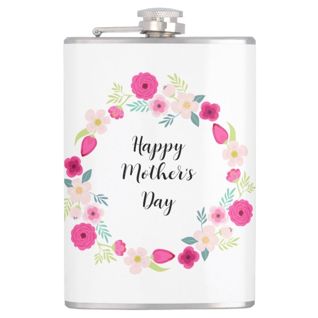Colourful Rustic Floral Wreath Hip Flask (Front)