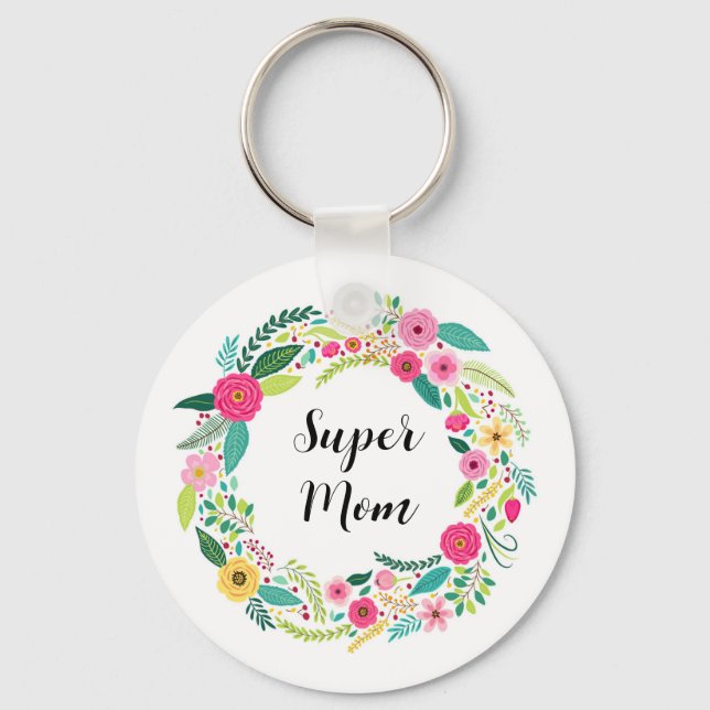 Colourful Rustic Floral Wreath Key Ring (Front)