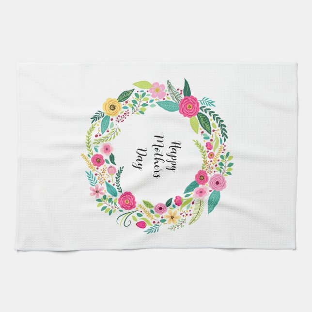 Colourful Rustic Floral Wreath Tea Towel (Horizontal)