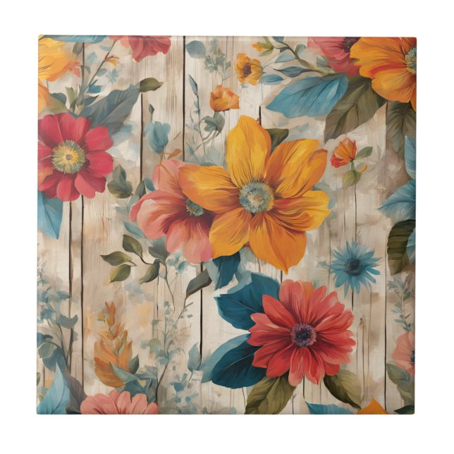 Colourful Rustic Flower  Ceramic Tile (Front)