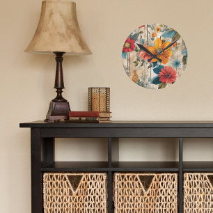 Colourful Rustic Flower  Round Clock