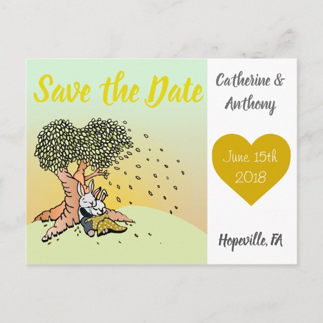 Colourful Rustic Illustrated Bunny Rabbit Wedding Announcement Postcard (Front)