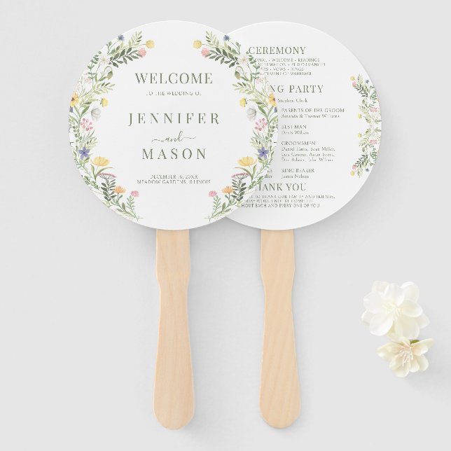 Colourful Rustic Meadow Wild Flower Wedding Progra Hand Fan (Front and Back)
