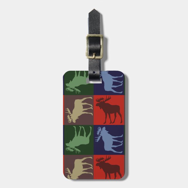 Colourful rustic moose four square design luggage tag (Front Vertical)
