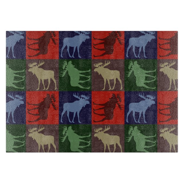 Colourful rustic moose square glass cutting board (Front)