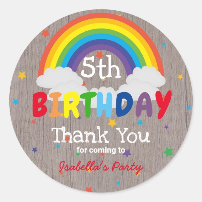 Colourful Rustic Rainbow Kid's Birthday Party Classic Round Sticker (Front)