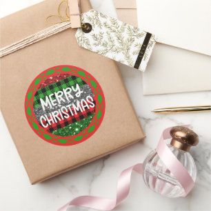 Colourful Rustic Retro Christmas Plaid & Glitter  Classic Round Sticker