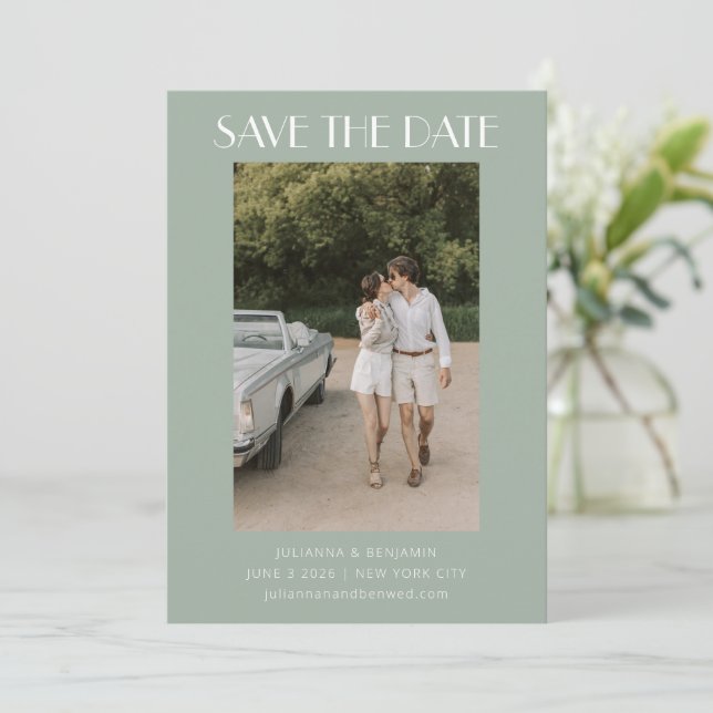 Colourful Sage Green Art Deco Photo Wedding Save The Date (Standing Front)