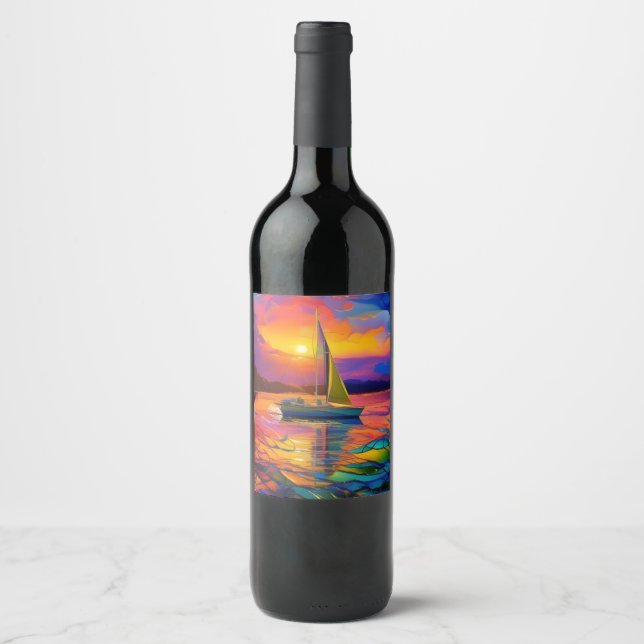 Colourful Sailboat AI ART Wine Label (Front)