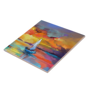 Colourful Sailboat Sunset Abstract Art Ceramic Tile