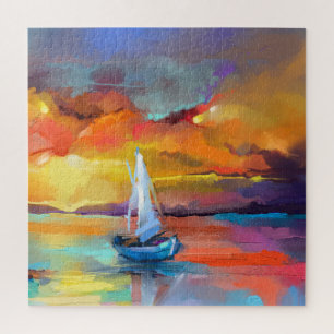Colourful Sailboat Sunset Abstract Art Jigsaw Puzzle